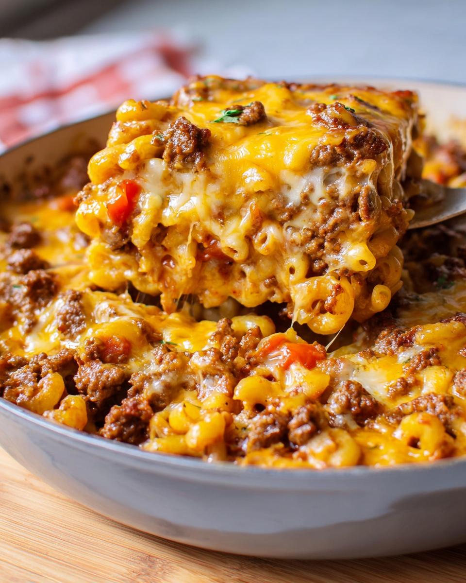 A spoonful of cheesy Cheeseburger Casserole (One Pan) being lifted from a baking dish, showing ground beef and macaroni.