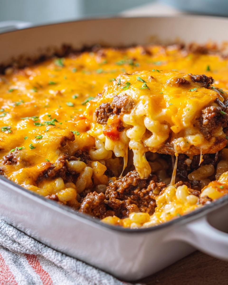 A spoonful of cheesy Cheeseburger Casserole being lifted from a white baking dish, showing ground beef and macaroni.