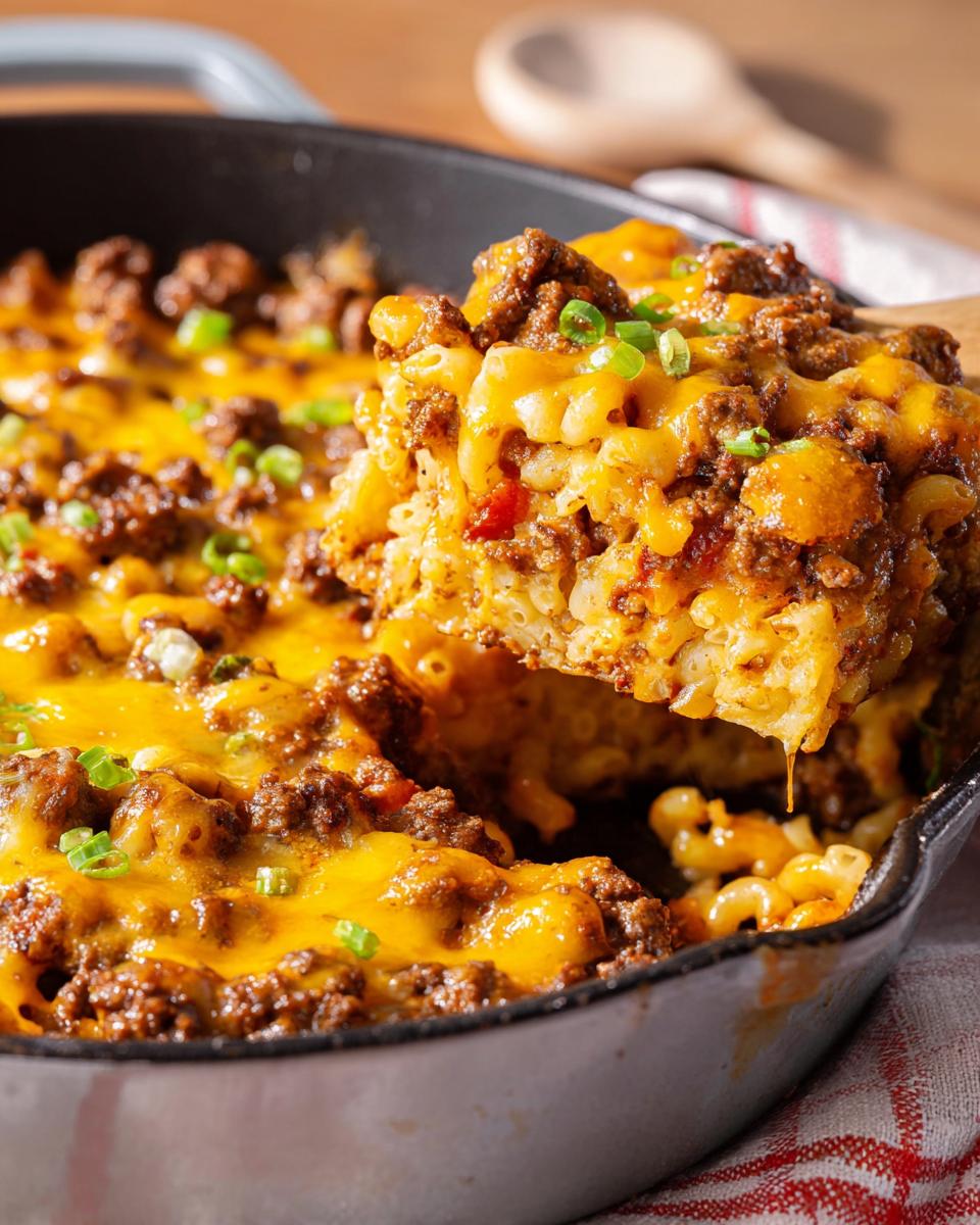 A scoop of rich Cheeseburger Casserole (One Pan) being lifted from a cast iron skillet, showing melted cheese and ground beef.