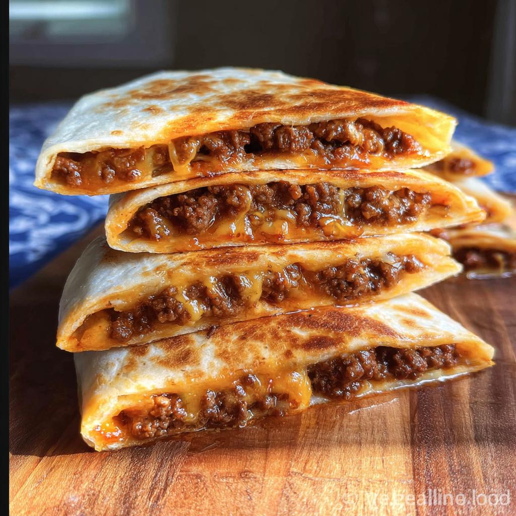 A stack of four golden-brown, cut slices of Cheesy Beef Quesadillas showing melted cheese and seasoned ground beef filling.
