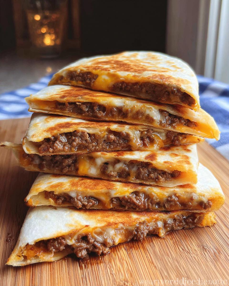 A tall stack of golden-brown, grilled Cheesy Beef Quesadillas cut into wedges, showing melted cheese and seasoned ground beef filling.
