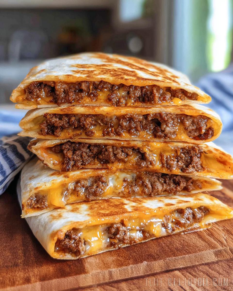 A stack of four golden-brown Cheesy Beef Quesadillas, cut in half, showing the melted cheese and seasoned ground beef filling.