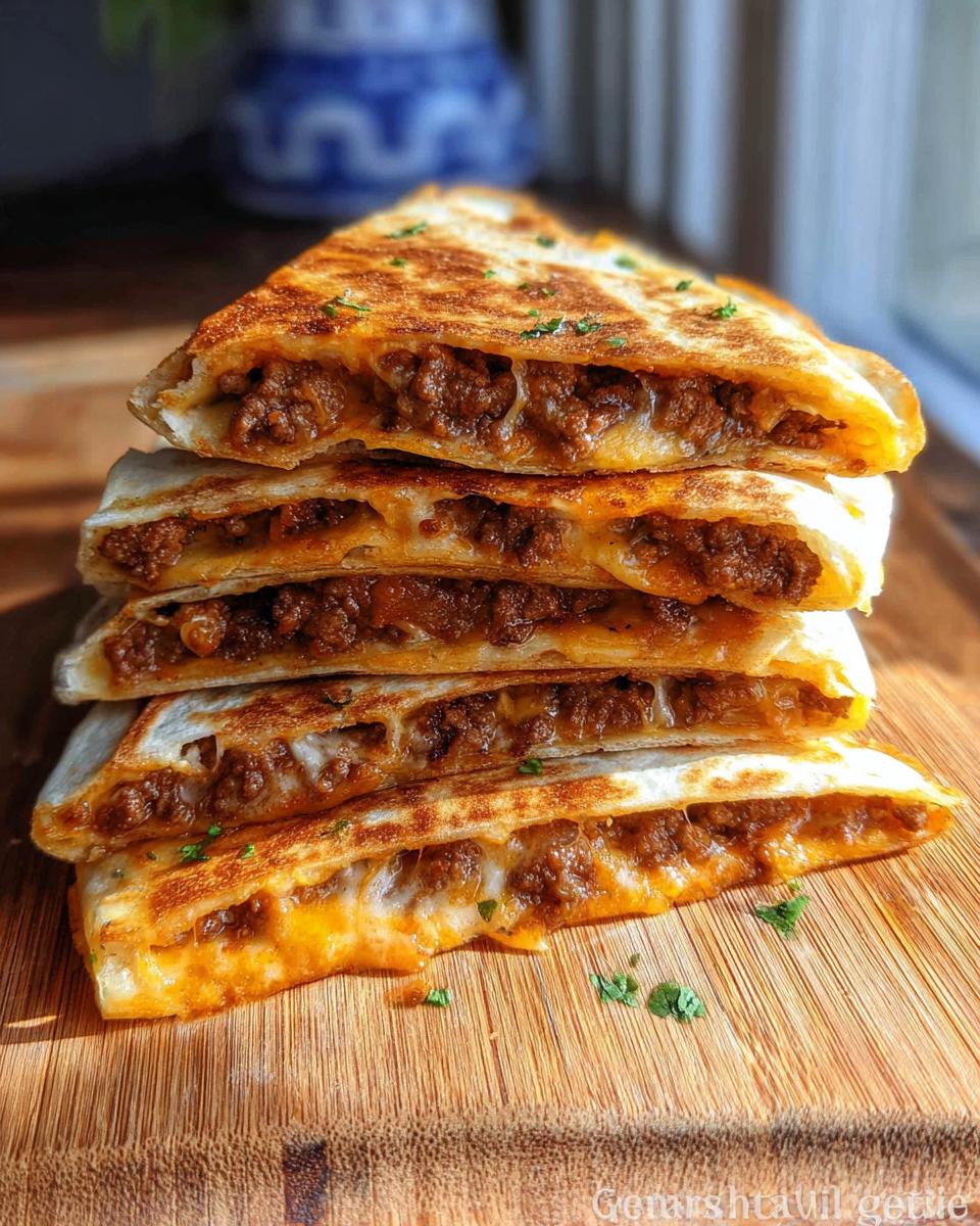 A stack of four golden-brown, triangular Cheesy Beef Quesadillas showing melted cheese and seasoned ground beef filling.