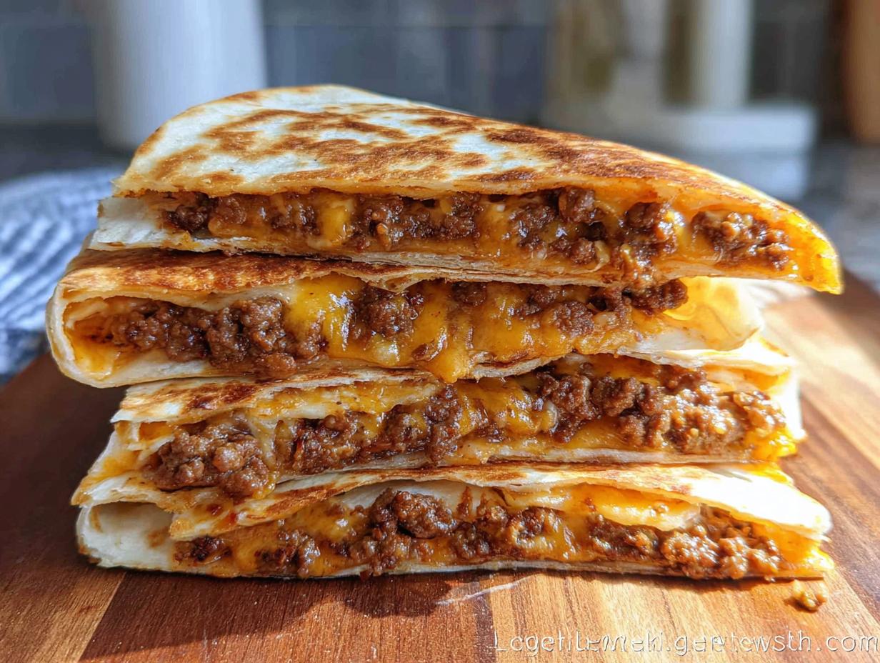 A stack of four golden-brown quesadilla quarters filled with savory ground beef and melted cheese, showcasing the Cheesy Beef Quesadillas.