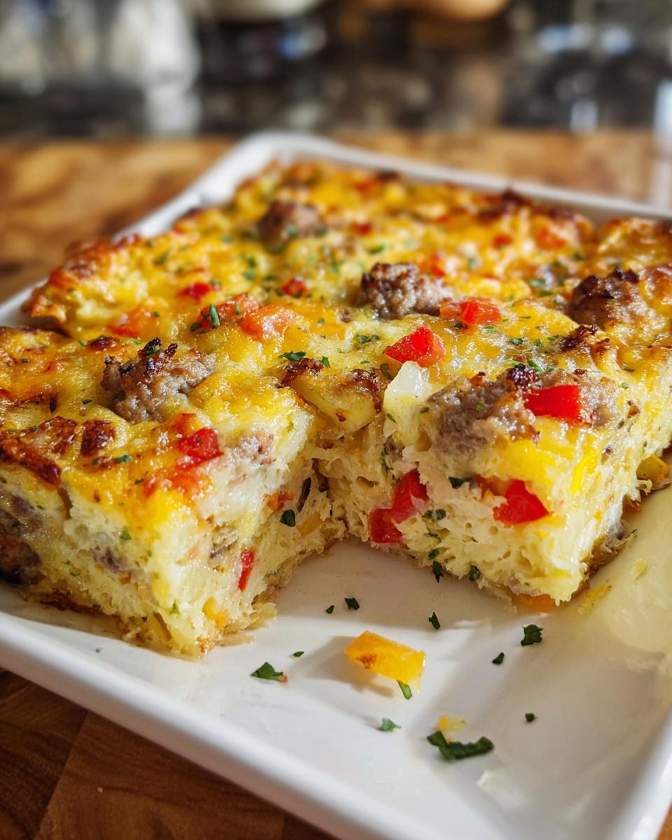A square portion of Cheesy Hashbrown Breakfast Casserole with sausage and peppers, cut and ready to serve.