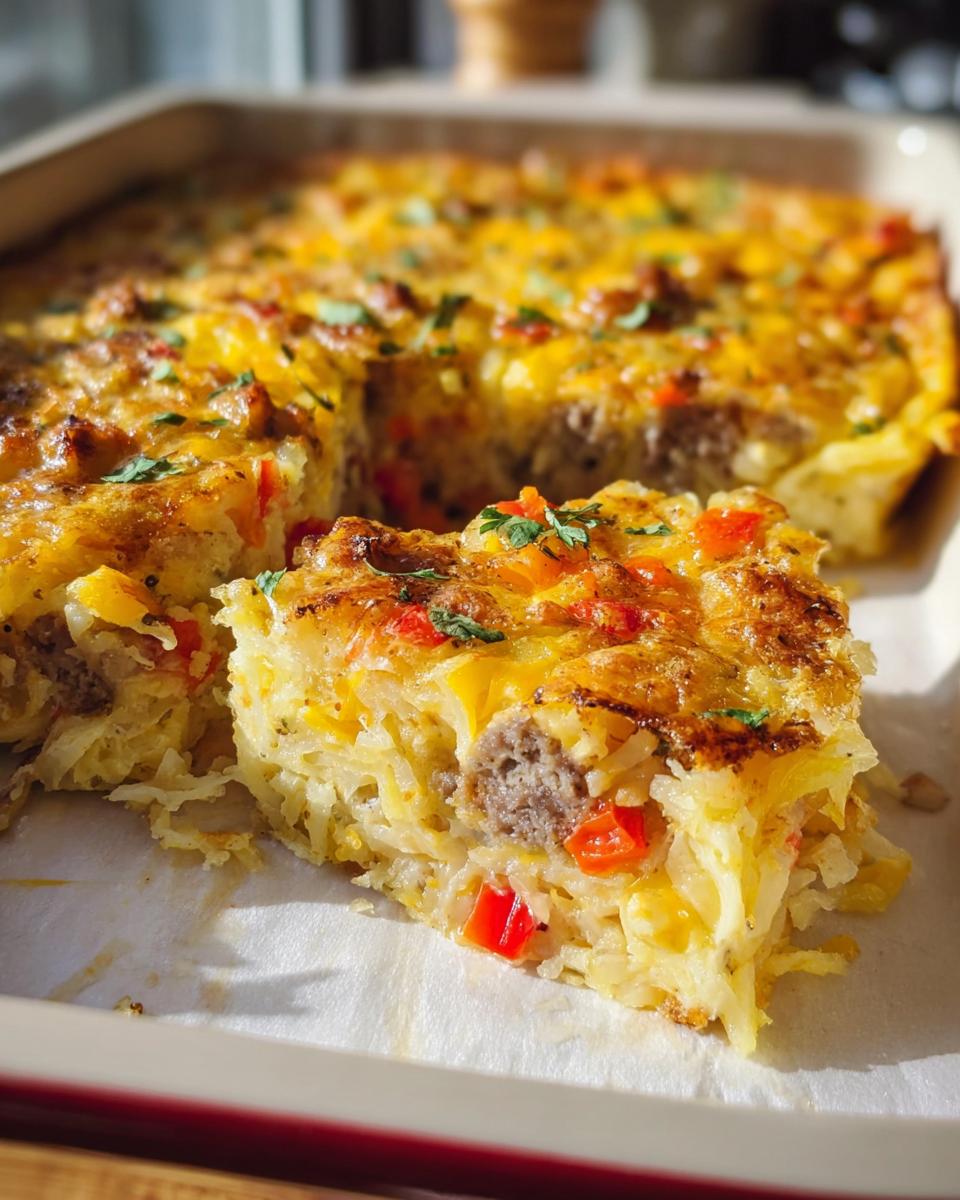 A close-up slice of Cheesy Hashbrown Breakfast Casserole showing hash browns, sausage, and melted cheese.