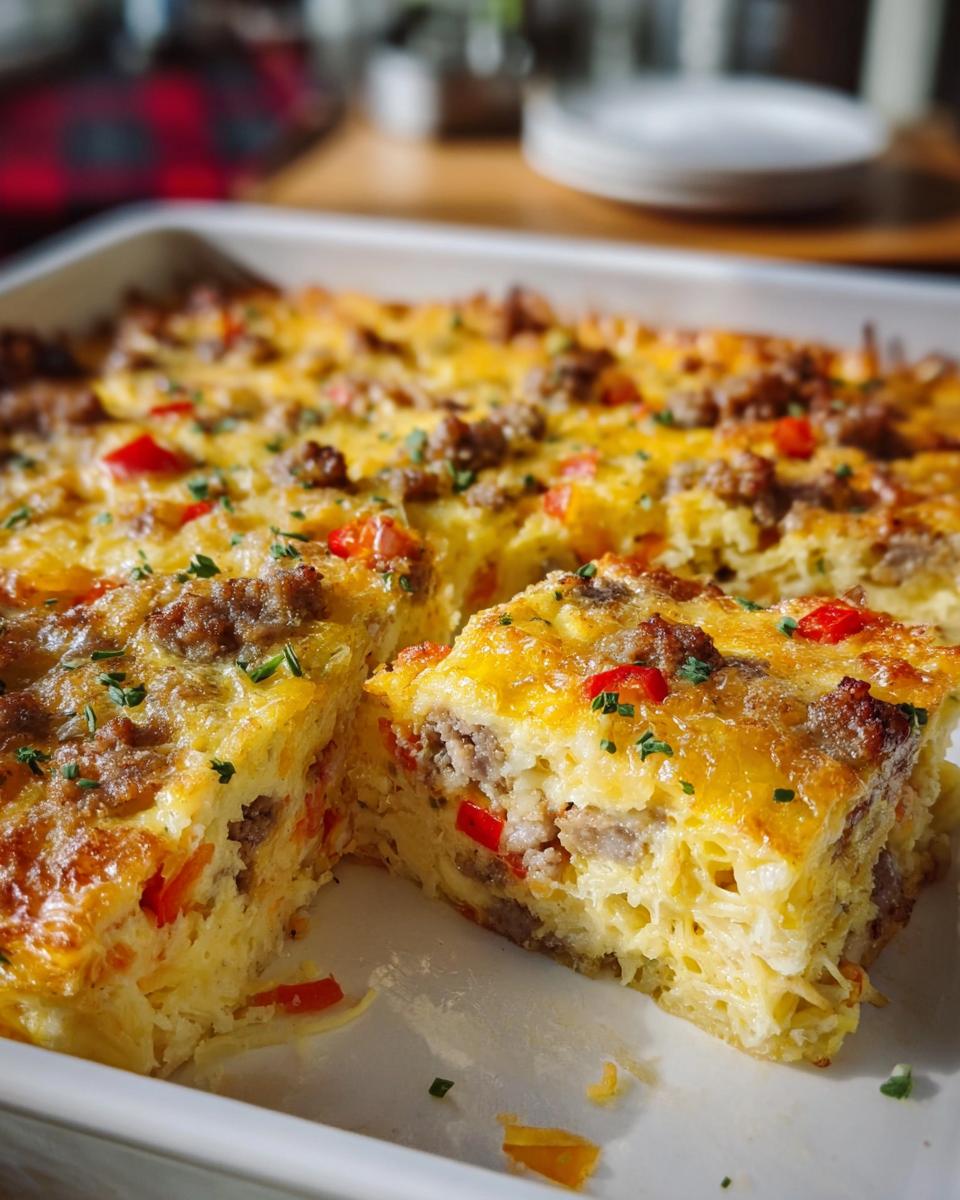 A square slice of Cheesy Hashbrown Breakfast Casserole featuring eggs, sausage, and peppers, ready to serve.