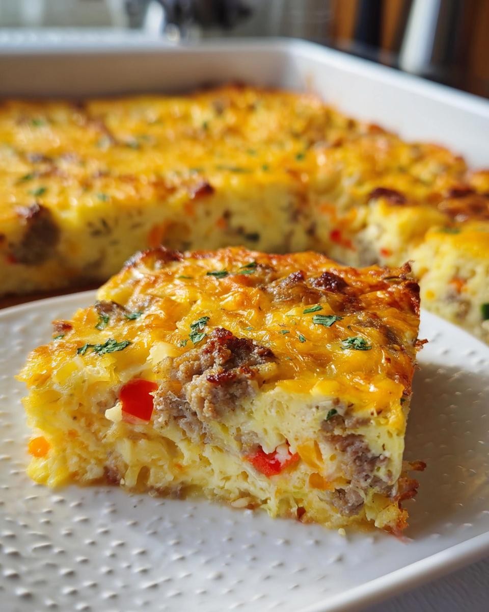 A close-up of a square slice of Cheesy Hashbrown Breakfast Casserole on a white plate, showing sausage and peppers.