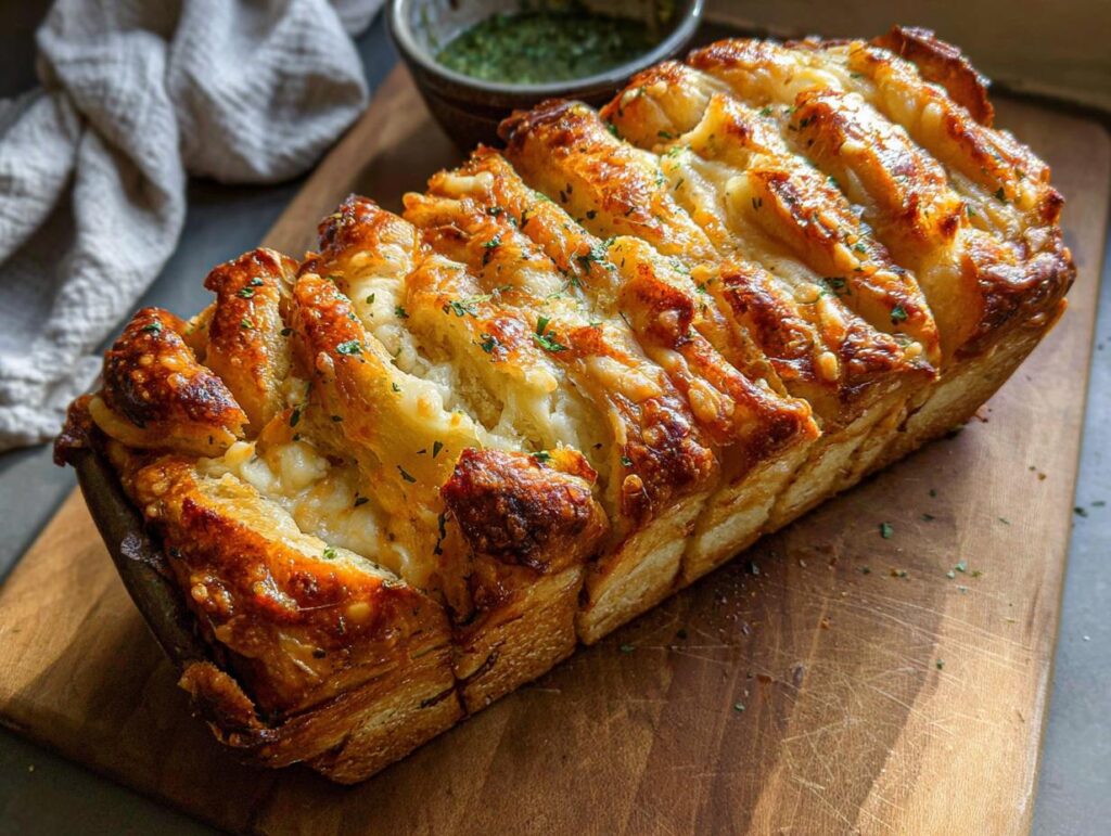 A freshly baked loaf of golden brown Cheesy Pull-Apart Bread, sliced and oozing melted cheese, resting on a wooden board.