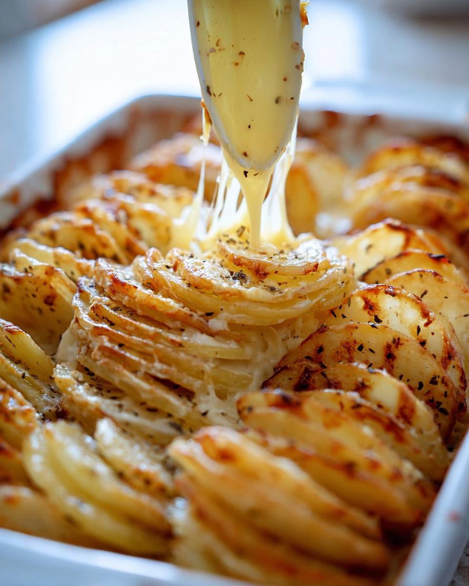 Close-up of baked Cheesy Scalloped Potatoes with a spoonful of melted cheese drizzling over the top.