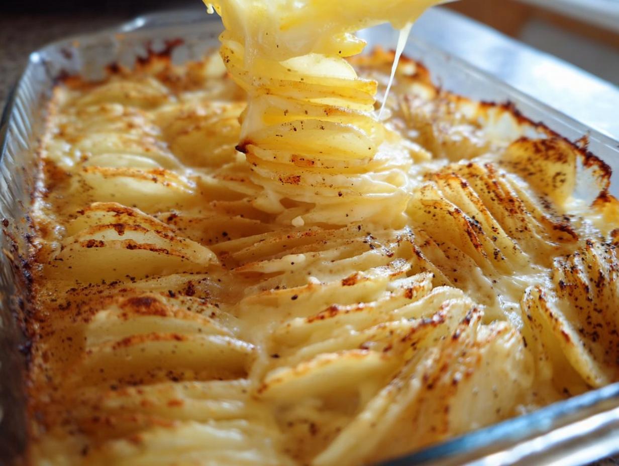 Close-up of baked Cheesy Scalloped Potatoes with a serving spoon lifting a stack of cheesy, layered potatoes showing a dramatic cheese pull.