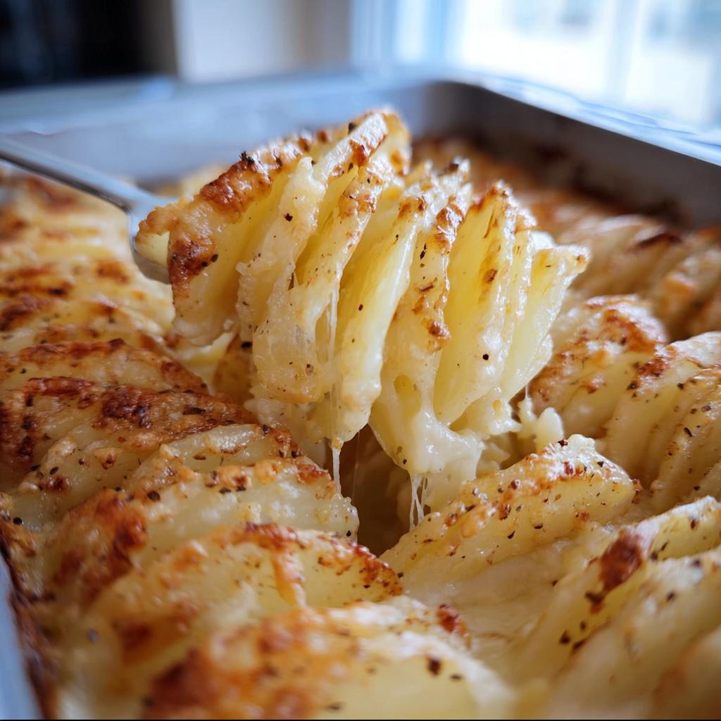 A fork lifting a serving of Cheesy Scalloped Potatoes showing melted cheese strings.