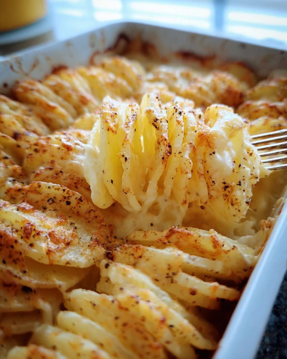 A fork lifting a section of thinly sliced, creamy Cheesy Scalloped Potatoes from a white baking dish.