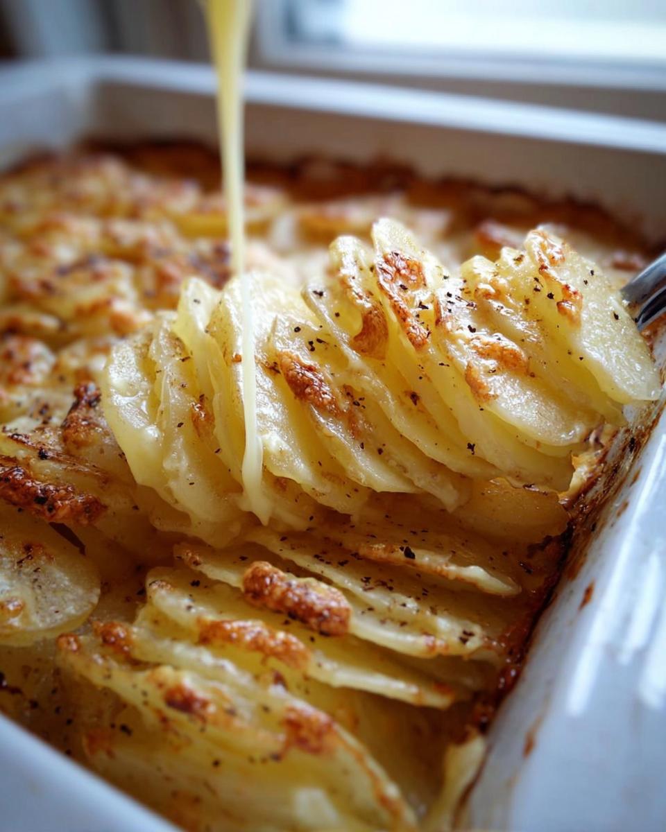 Close-up of layered, baked Cheesy Scalloped Potatoes being lifted with a fork, with melted cheese sauce pouring over the top.