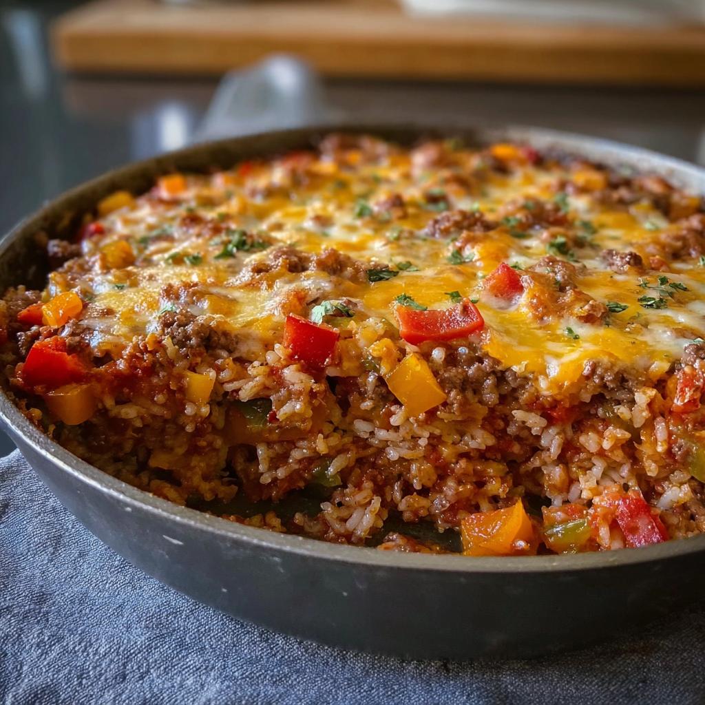 A close-up of a baked Stuffed Pepper Casserole in a skillet, featuring rice, ground meat, peppers, and melted cheese topping.