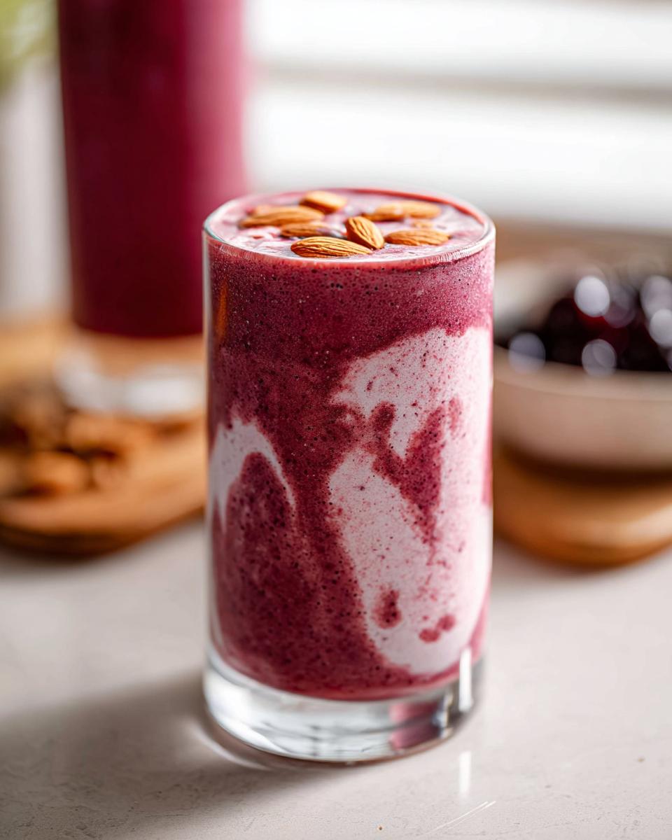 Close-up of a tall glass containing a layered Cherry Almond Smoothie, topped with whole almonds.