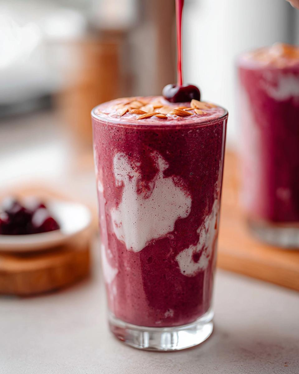 Close-up of a vibrant Cherry Almond Smoothie being topped with a fresh cherry and sliced almonds.