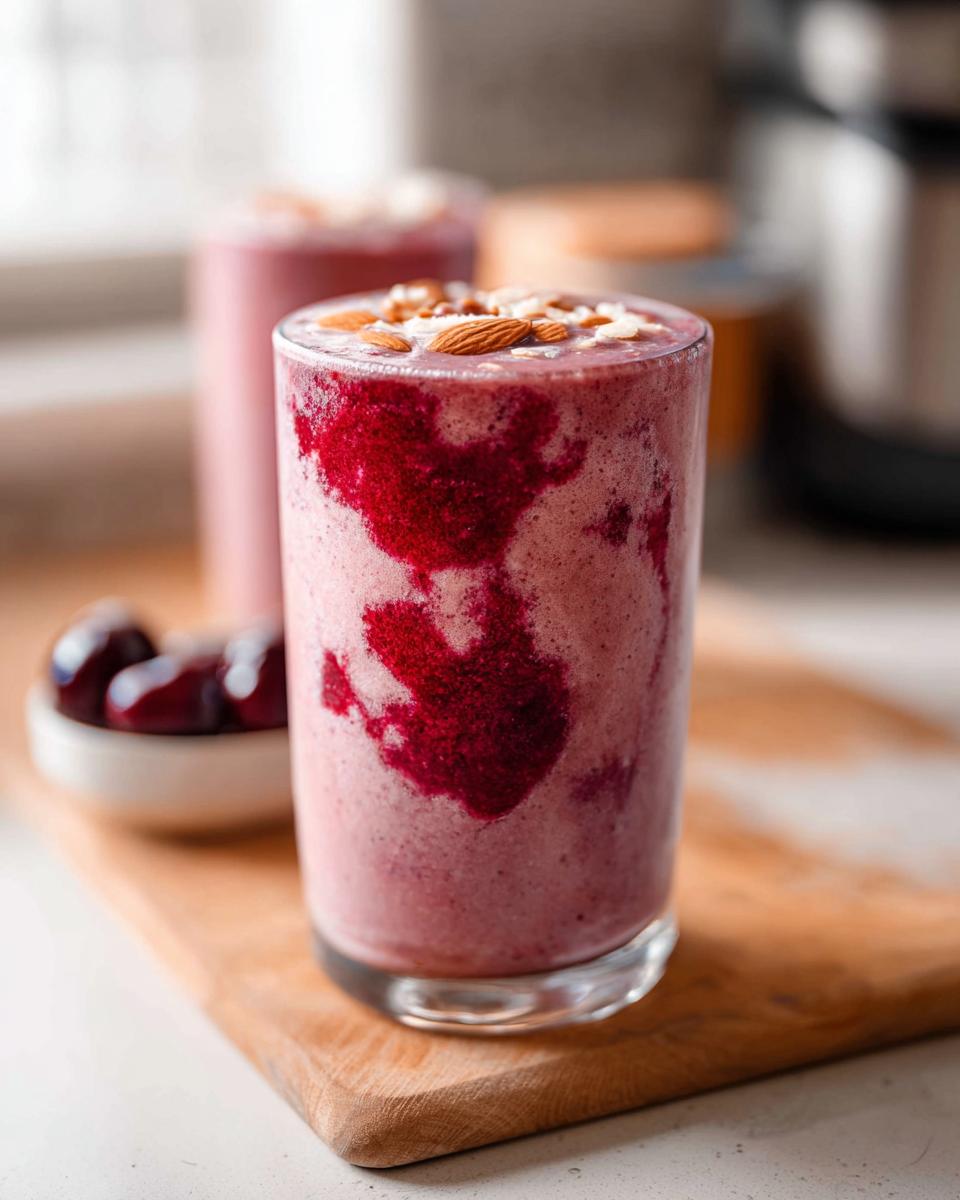A tall glass of vibrant Cherry Almond Smoothie with swirls of dark cherry puree and topped with slivered almonds.