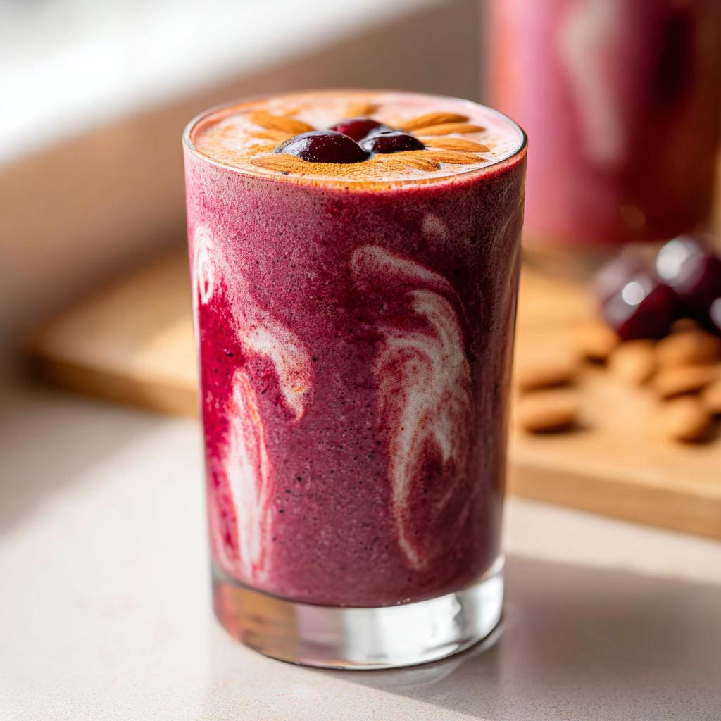 Close-up of a vibrant Cherry Almond Smoothie swirled with yogurt, topped with fresh cherries and sliced almonds.