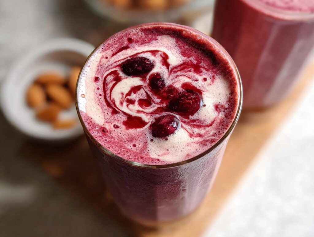 Overhead view of a vibrant Cherry Almond Smoothie topped with a creamy swirl and whole cherries.
