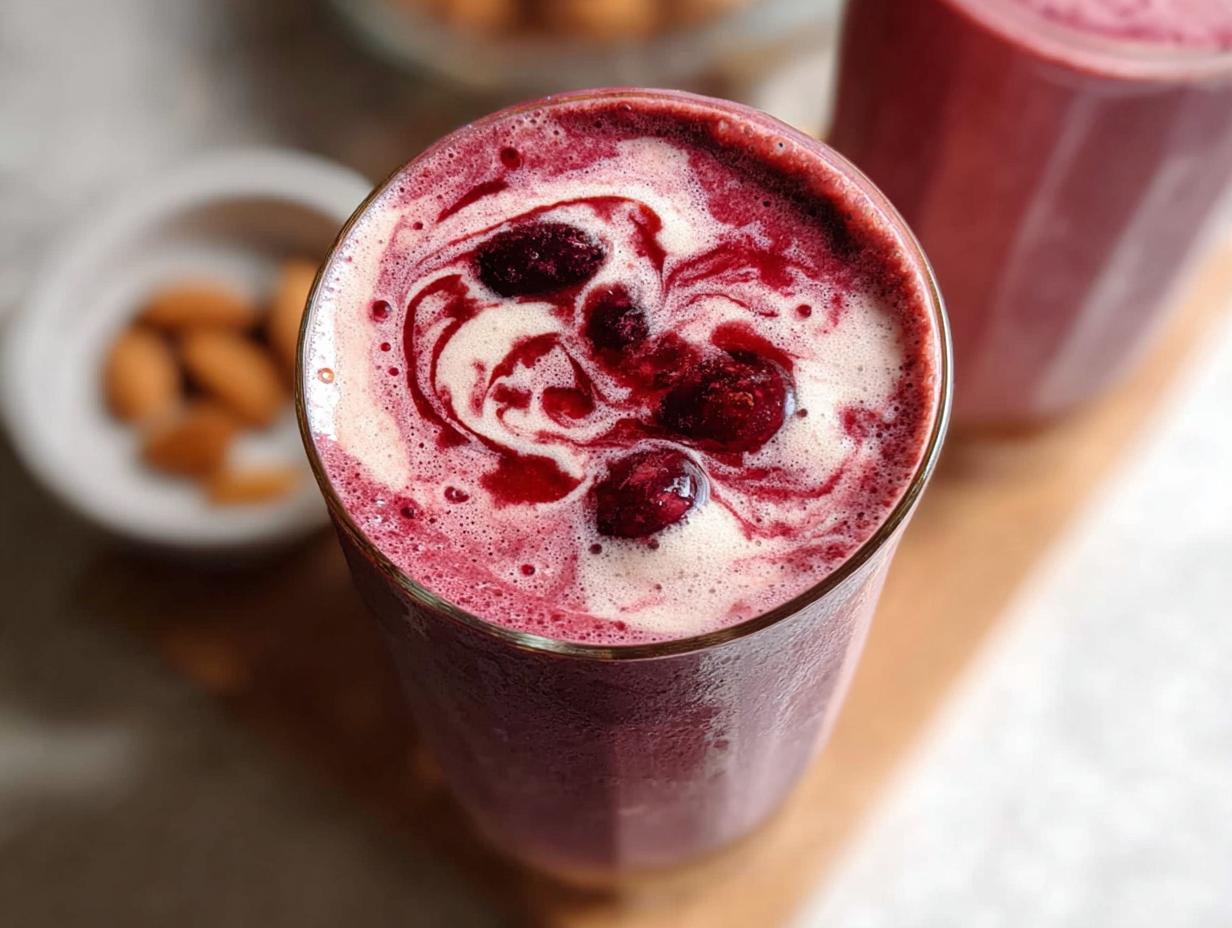 Overhead view of a vibrant Cherry Almond Smoothie topped with a creamy swirl and whole cherries.