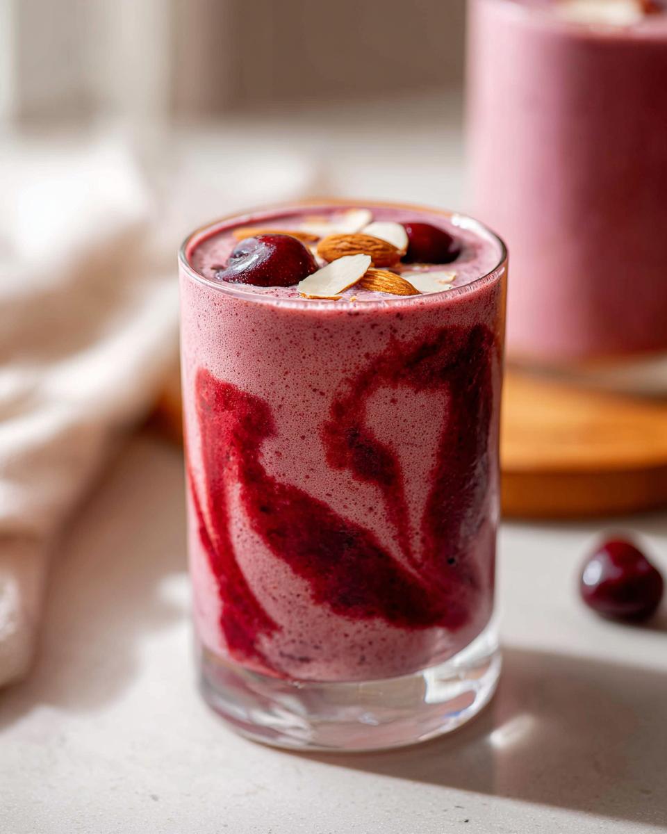 A vibrant Cherry Almond Smoothie swirled with cherry puree, topped with fresh cherries and sliced almonds.