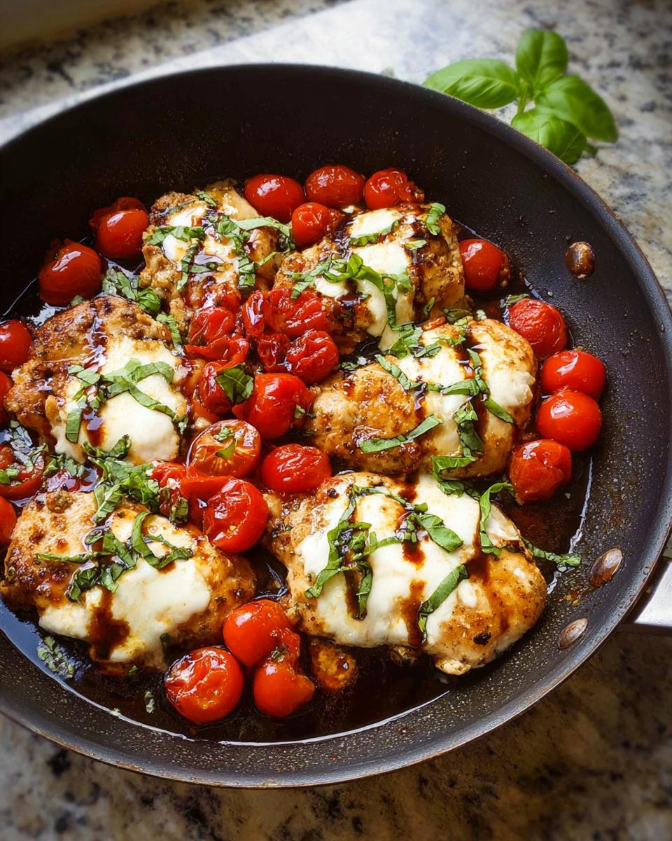 Close-up of Chicken Caprese Skillet with melted mozzarella, cherry tomatoes, and basil in a pan.