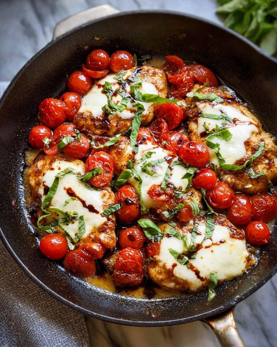 A close-up overhead view of a Chicken Caprese Skillet dish, featuring pan-fried chicken topped with melted mozzarella, cherry tomatoes, and fresh basil.