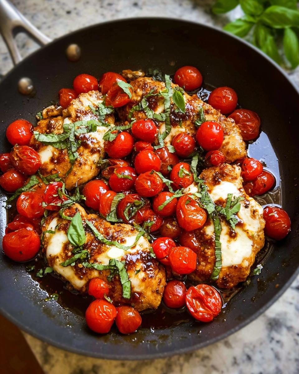 Close-up of Chicken Caprese Skillet with pan-seared chicken, cherry tomatoes, mozzarella, and basil.