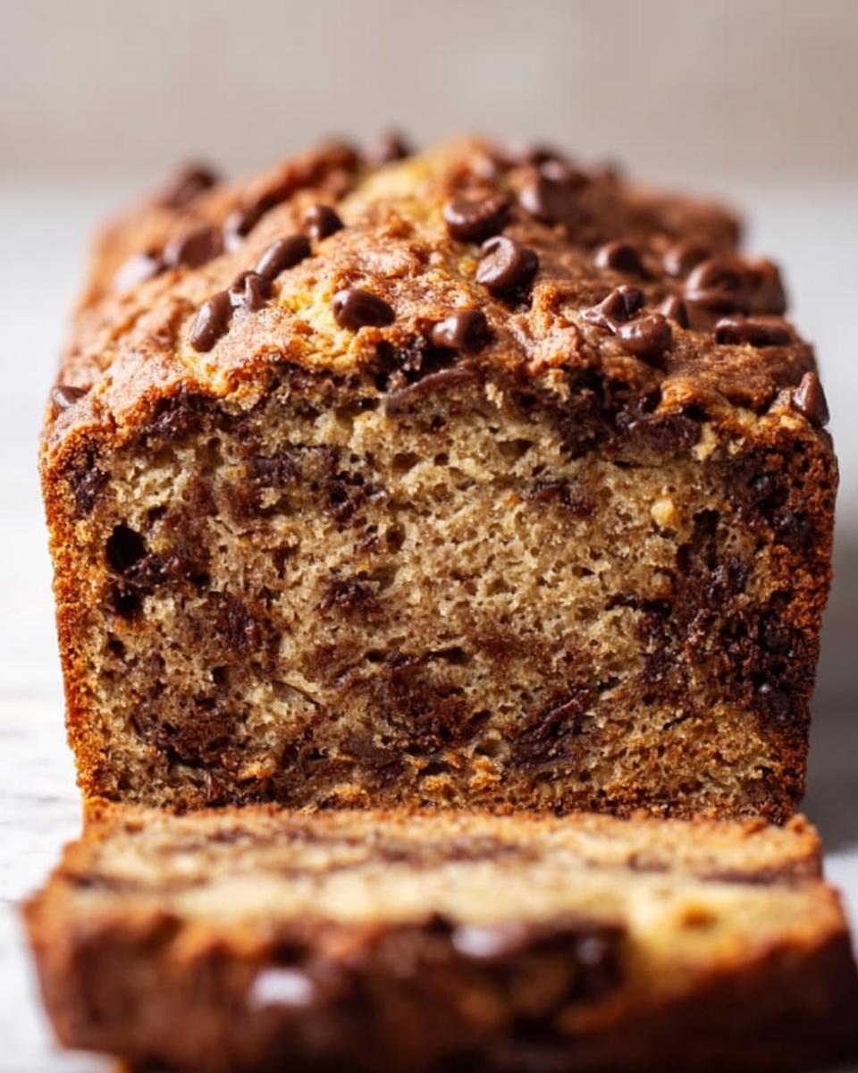 Cross-section view of a loaf of moist Chocolate Chip Banana Bread, showing rich chocolate chips throughout the crumb.