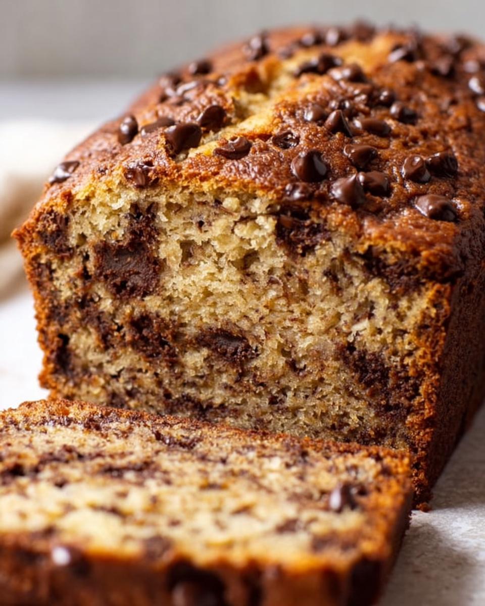 A close-up of a freshly baked Chocolate Chip Banana Bread loaf with one slice cut, showing moist texture and melted chocolate chips.