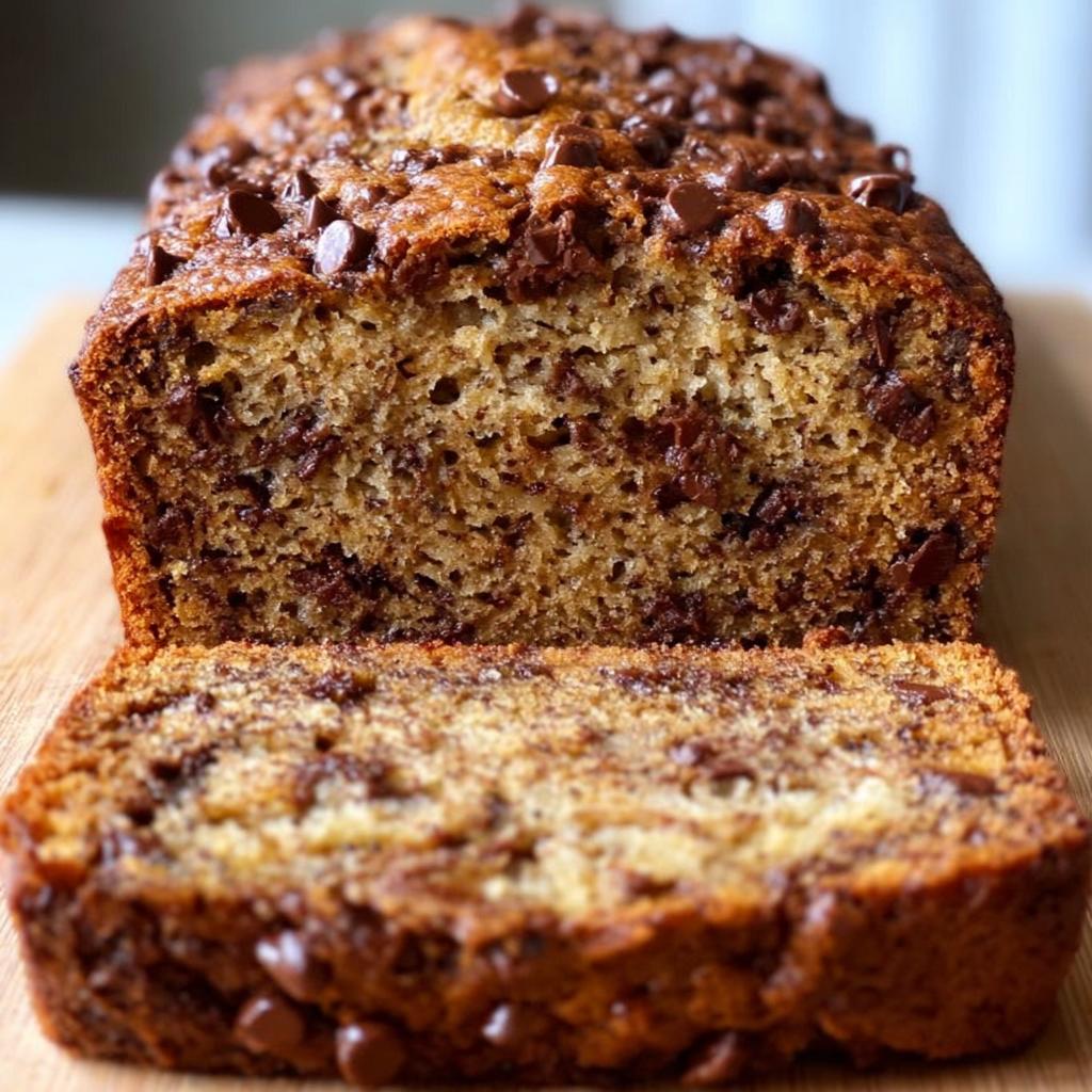 Close-up of a moist Chocolate Chip Banana Bread loaf, with one thick slice cut and resting in front.