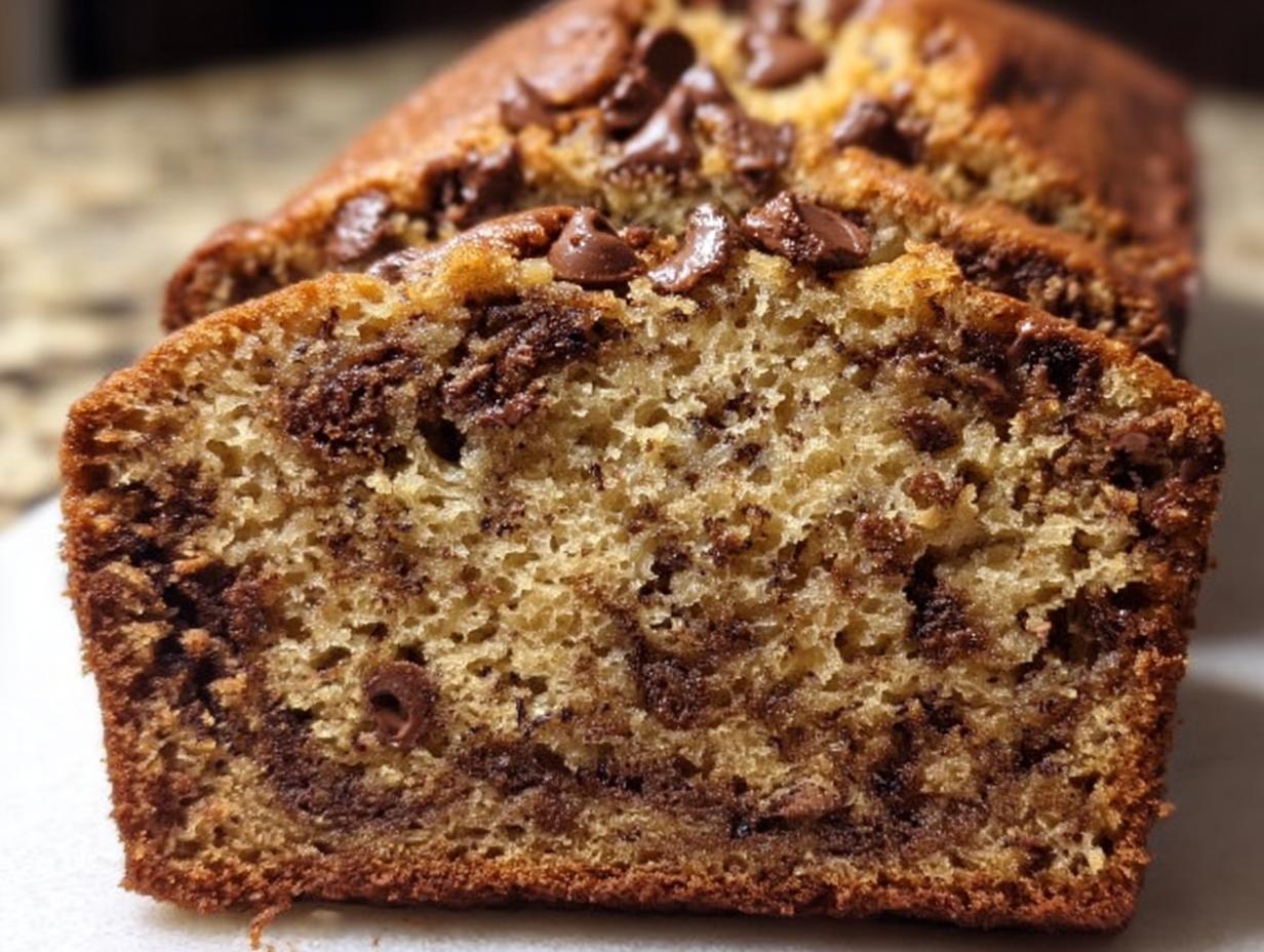 Close-up of a thick slice of moist Chocolate Chip Banana Bread showing melted chocolate swirls and chips.