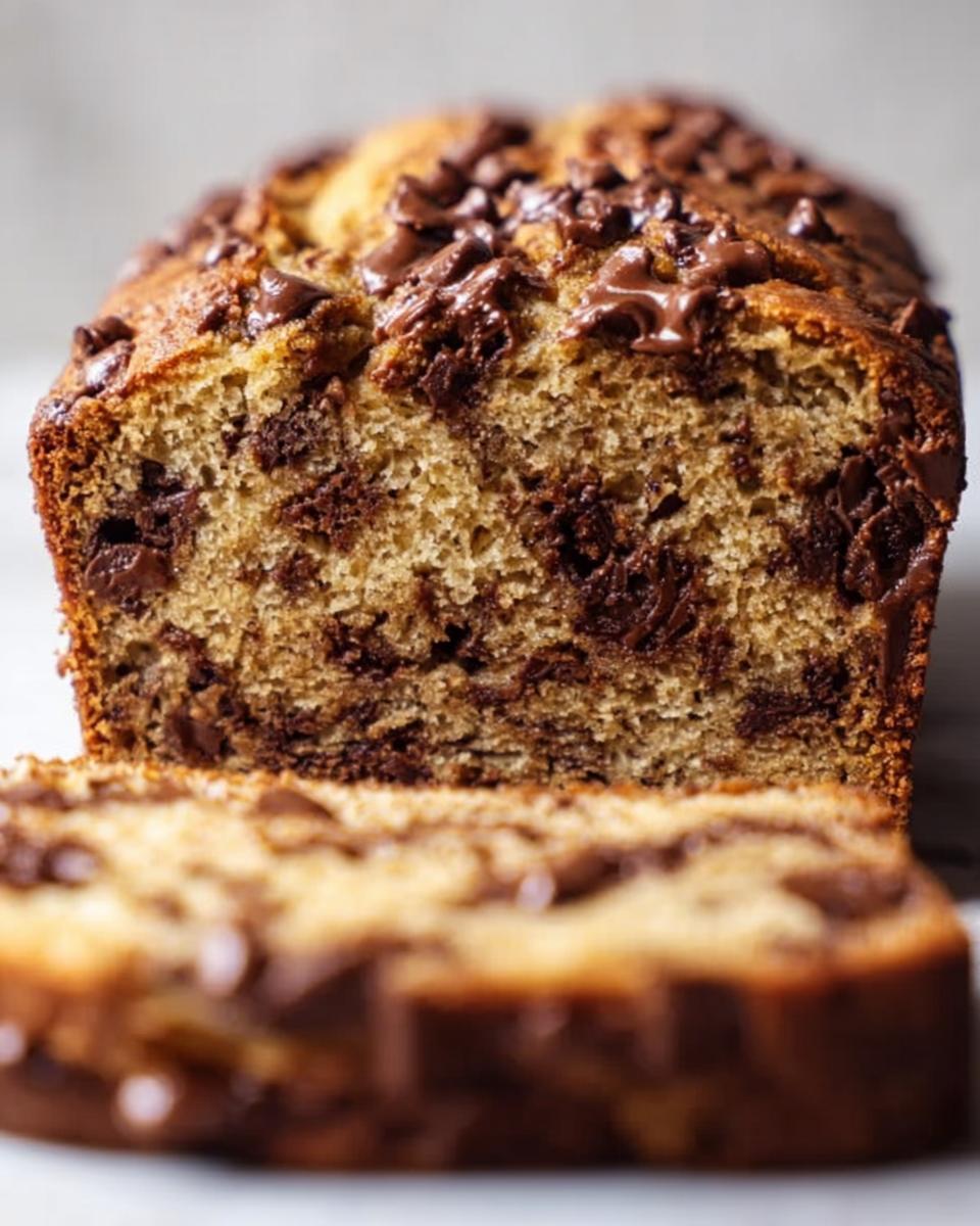 Close-up of moist Chocolate Chip Banana Bread, showing the rich interior packed with melted chocolate chips.