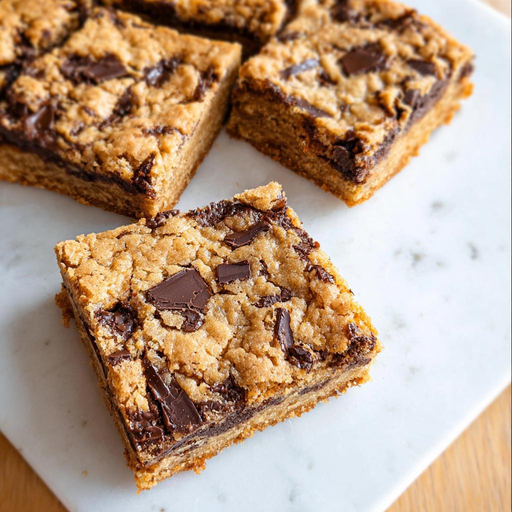 Close-up of rich, chewy chocolate chip bar cookies for a crowd, cut into squares on a white marble surface.