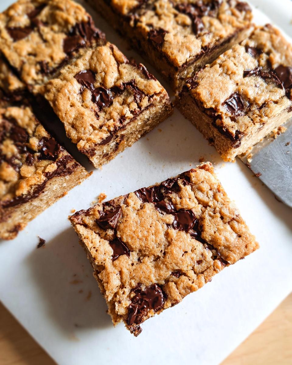 Close-up overhead view of freshly cut chocolate chip bar cookies for a crowd, rich with melted chocolate chunks.