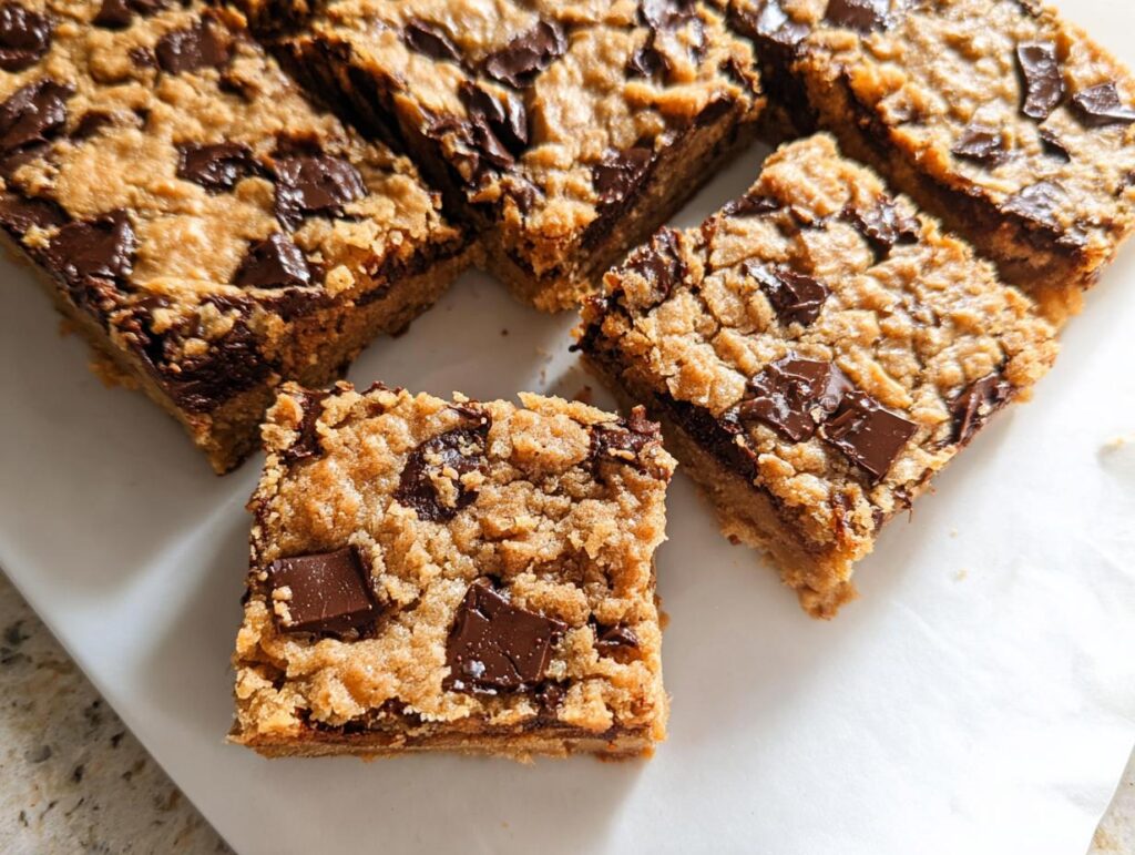 Close-up of several rich, chewy chocolate chip bar cookies for a crowd, featuring a crumbly topping and large chocolate chunks.