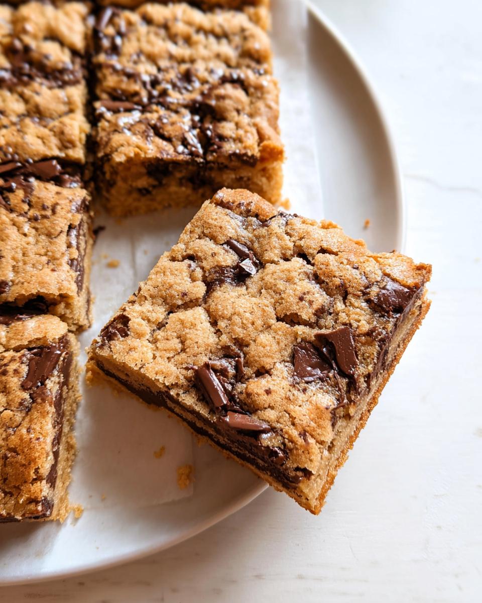A single square of thick, chewy chocolate chip bar cookies for a crowd, resting on a white plate.