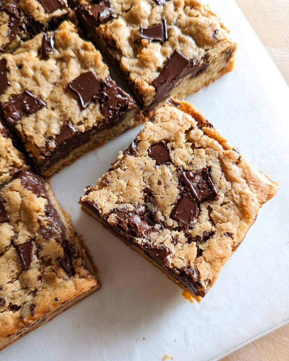 Close-up of several rich, thick chocolate chip bar cookies for a crowd, cut into squares.