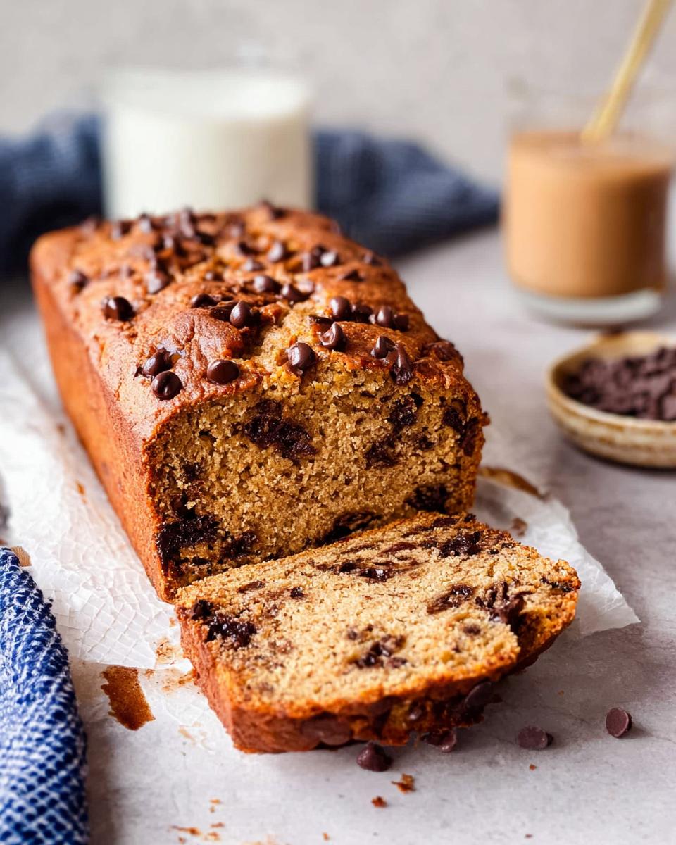 A loaf of moist Healthy Banana Bread (Whole Wheat) with chocolate chips, partially sliced.