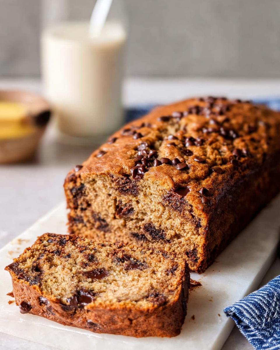 A loaf of chocolate chip Healthy Banana Bread (Whole Wheat) with one slice cut, ready to eat.