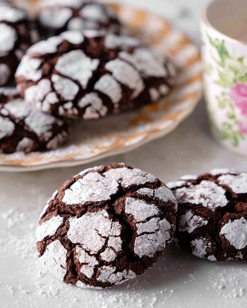 Two rich, dark Chocolate Crinkle Cookies dusted heavily with cracked white powdered sugar in the foreground.