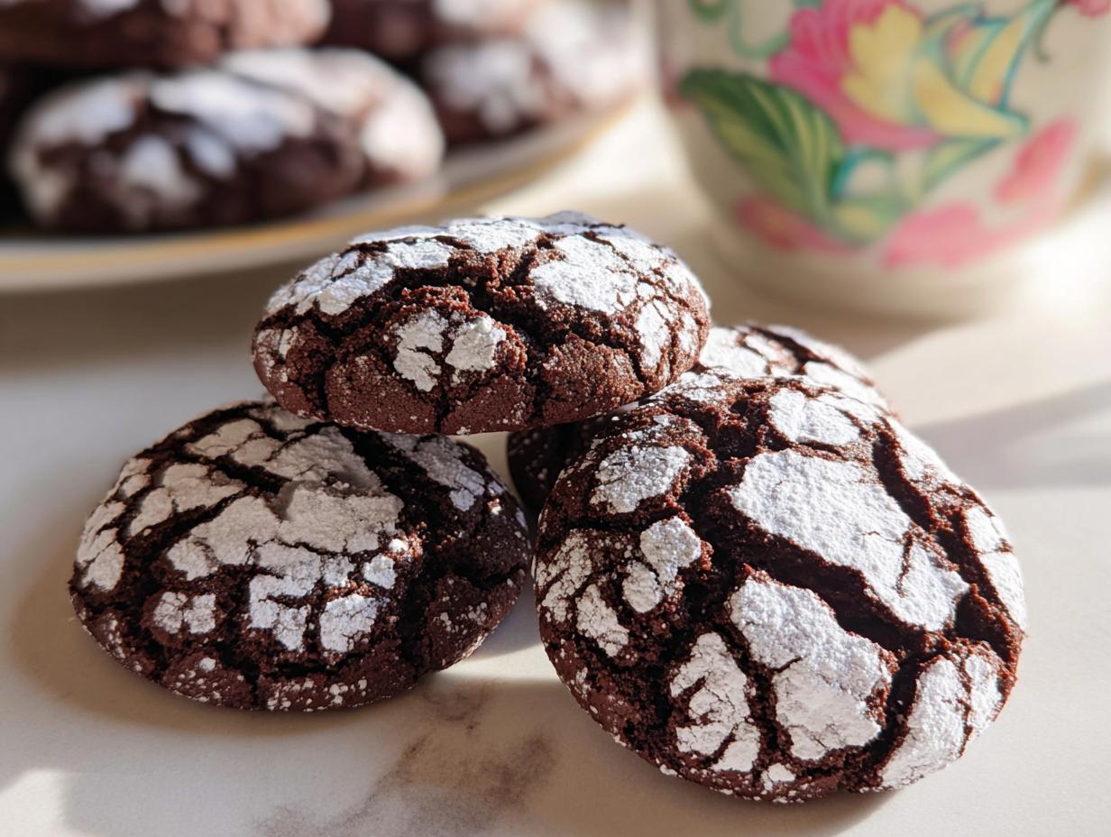 Close-up of three fudgy Chocolate Crinkle Cookies dusted heavily with white powdered sugar.