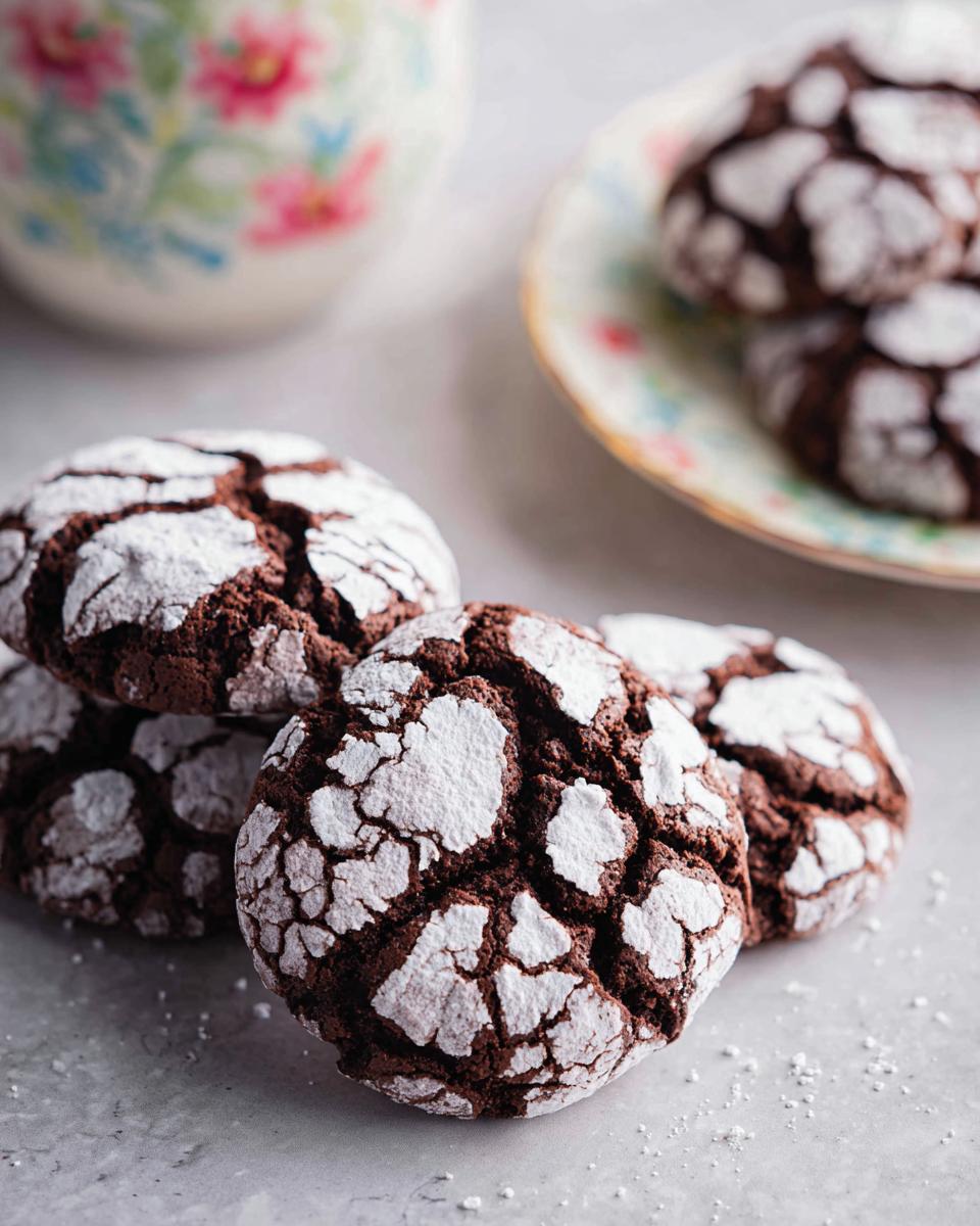 Close-up of rich Chocolate Crinkle Cookies heavily dusted with white powdered sugar.