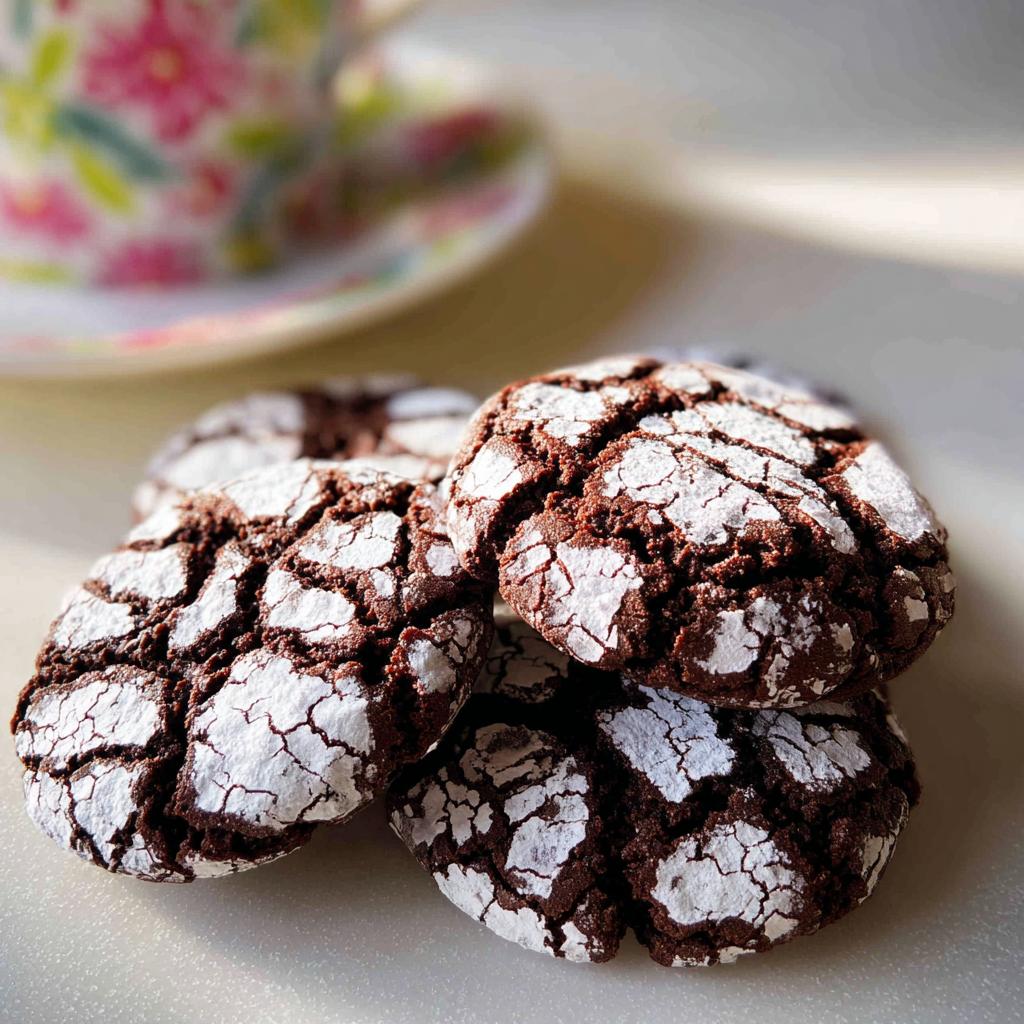 A close-up stack of four rich, dark Chocolate Crinkle Cookies dusted heavily with white powdered sugar.