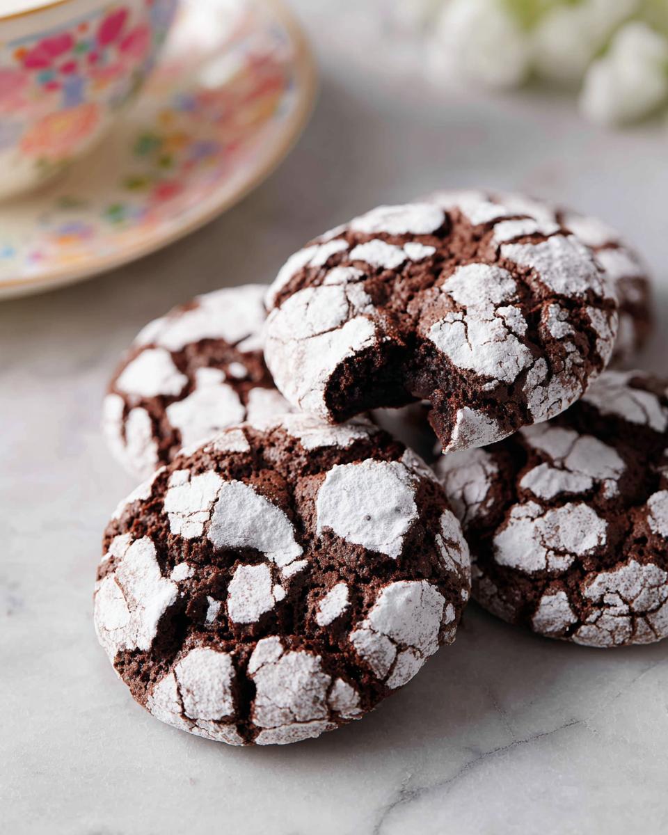A stack of rich, dark Chocolate Crinkle Cookies dusted heavily with white powdered sugar, one has a bite taken out.