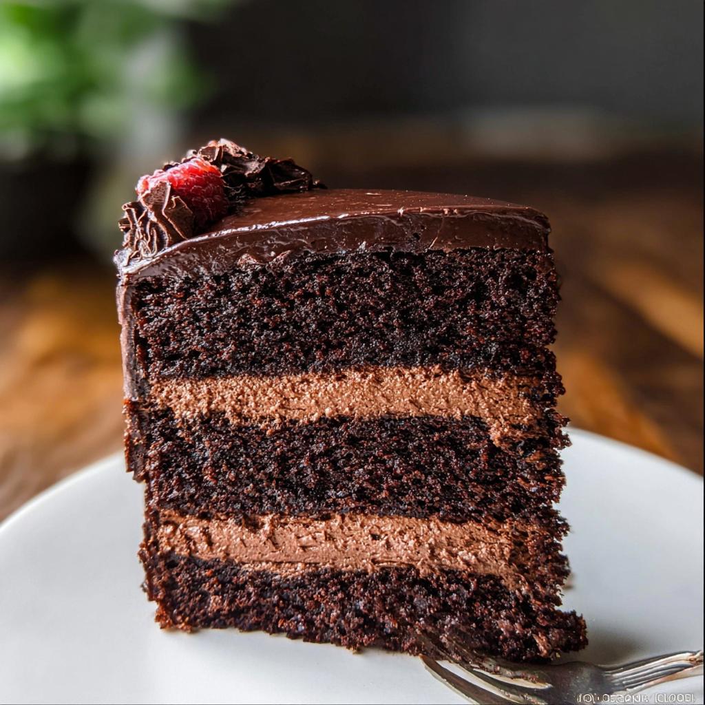 A decadent slice of Chocolate Mousse Layer Cake showing three dark chocolate cake layers and two layers of light chocolate mousse filling.