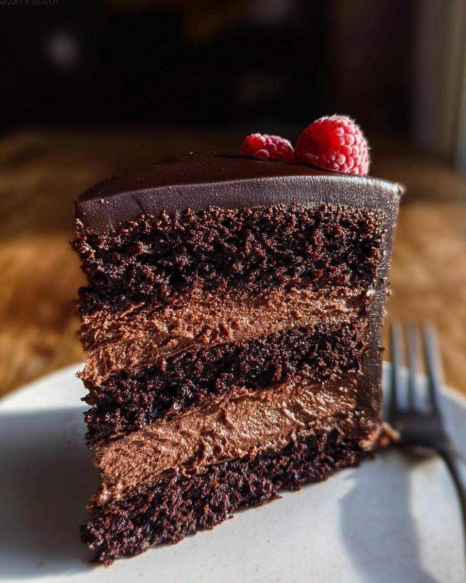 Close-up of a rich slice of Chocolate Mousse Layer Cake showing dark cake layers and light mousse filling, topped with ganache and fresh raspberries.