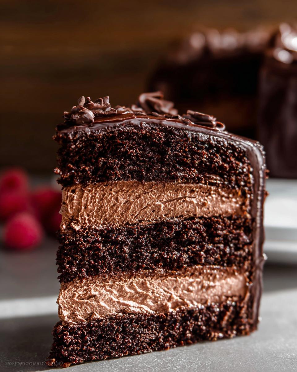 Close-up of a decadent slice of Chocolate Mousse Layer Cake showing three dark chocolate cake layers and two layers of light brown mousse.