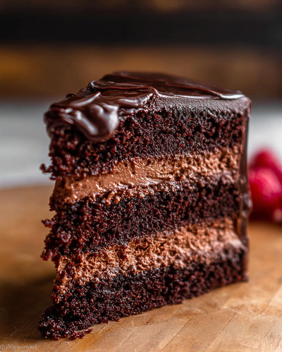 Close-up of a decadent slice of Chocolate Mousse Layer Cake showing three dark layers and two mousse fillings.